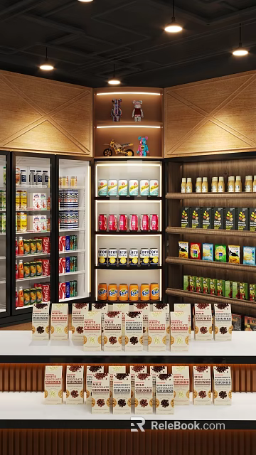Convenience Store Shelves With Refrigerator Displaying Canned Bottled Beverages And Packaged Food Items 3d model 