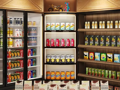 Convenience Store Shelves With Refrigerator Displaying Canned Bottled Beverages And Packaged Food Items 3d model