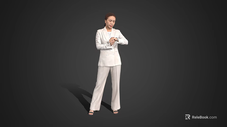 Woman Wearing White Suit Standing with Hands Crossed Against Gray Background 3d model 