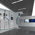 Exhibition Booth 3D Layout Design With Curved Structures Display Areas And Reception Counter 3d model