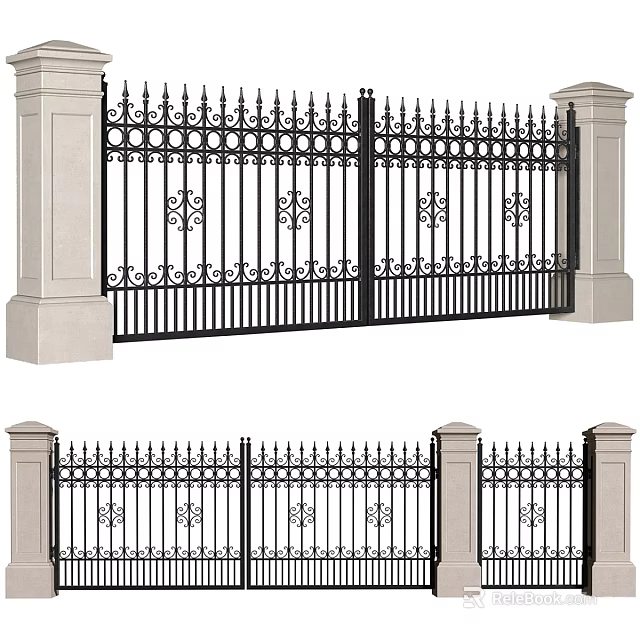 Building Exterior Wall Featuring Wrought Iron Gate With Ornate Design And Beige Pillars 3d model 
