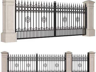 Building Exterior Wall Featuring Wrought Iron Gate With Ornate Design And Beige Pillars 3d model