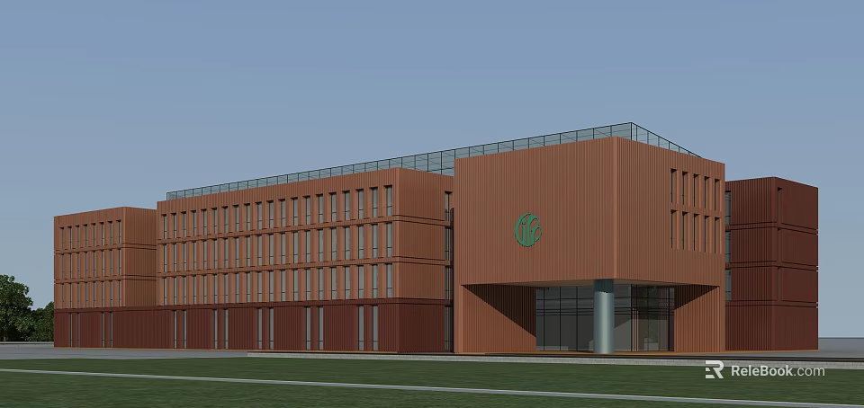 Modern Brown Office Building With Large Glass Windows And Green Lawn 3d model 