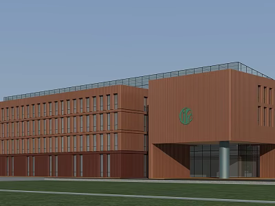 Modern Brown Office Building With Large Glass Windows And Green Lawn 3d model