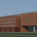 Modern Brown Office Building With Large Glass Windows And Green Lawn