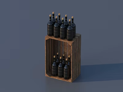 Black Wine Bottles With Gold Labels In Two Layer Wooden Crate On Gray Background 3d model