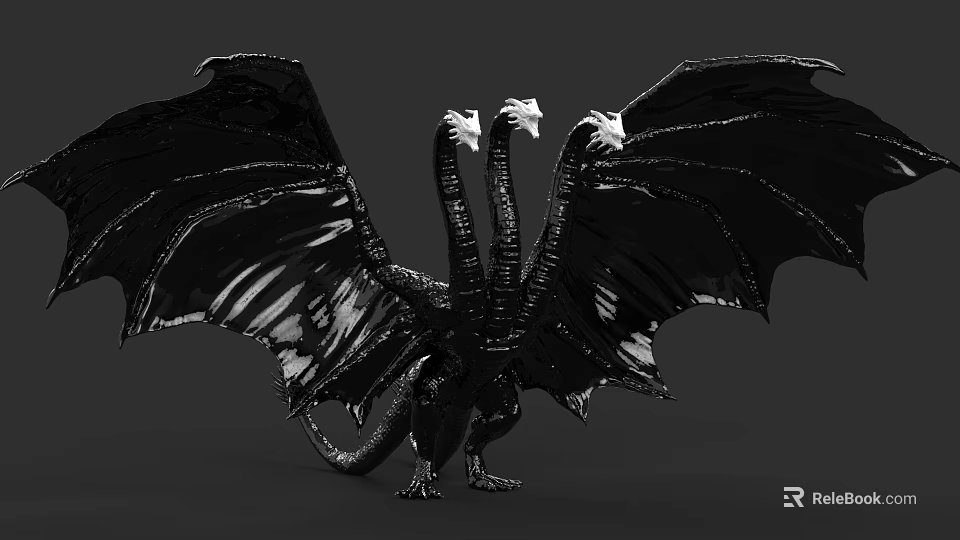 Three Headed Black Reptile Dragon With Spread Wings And Detailed Texture 3d model 