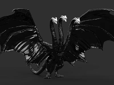 Three Headed Black Reptile Dragon With Spread Wings And Detailed Texture 3d model