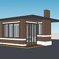 Small Building With Brown Brick Walls Large Glass Windows Black Roof White Trim And Chimney