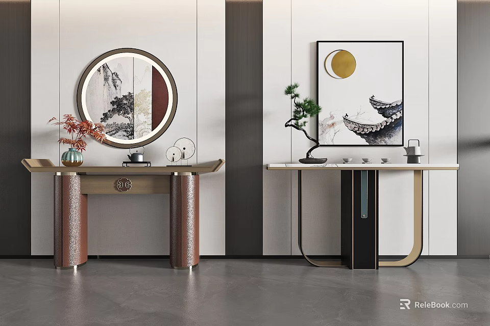Elegant Decorative Console Table With Circular Mirror Moon Painting And Pine Plant 3d model