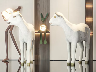 White Goat Sculptures As Modern Interior Decor With Lighting And Wooden Accents 3d model