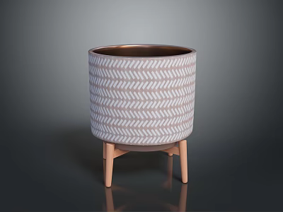 Stylish Ceramic Flower Pot With Herringbone Pattern And Wooden Stand 3d model