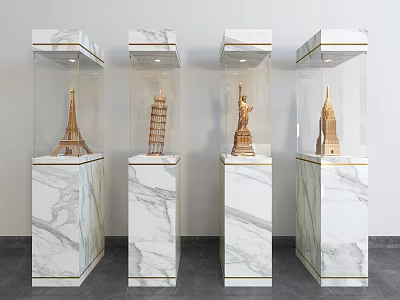Display Cabinets with White Marble Base Golden Trim Top Lighting for Showcasing Architectural Models 3d model