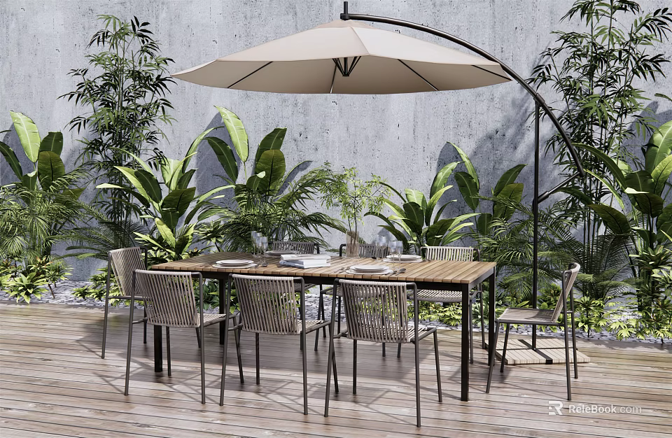 Outdoor Wooden Dining Table And Chairs With Patio Umbrella And Green Plants 3d model 