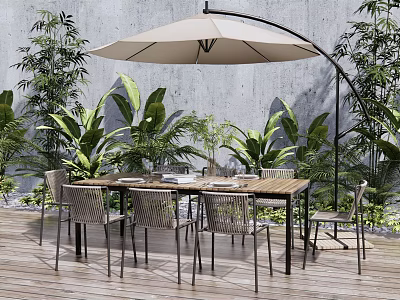 Outdoor Wooden Dining Table And Chairs With Patio Umbrella And Green Plants 3d model