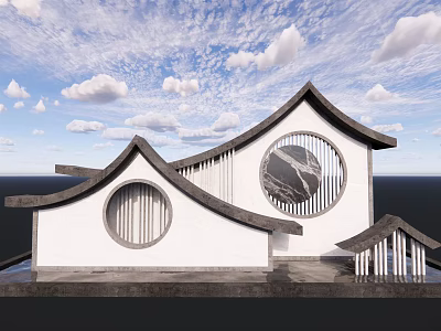 Traditional Architectural Scenic Wall With Circular Windows And Overhanging Eaves Under Blue Sky 3d model