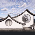 Traditional Architectural Scenic Wall With Circular Windows And Overhanging Eaves Under Blue Sky