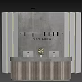 Entryway Cabinet Sideboard With Logo Area Washbasins Potted Plant Gray Wall Wooden Accents Striped Design