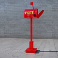 Red Commercial Postbox With POST Sign Against Gray Brick Wall And Ground 3d model