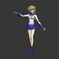 3D Model Female Character With Blonde Hair In Blue And White Outfit Holding Black Object