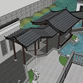 Chinese Style Courtyard Garden with Tile Roof Pergola Stone Railings and Lush Plants
