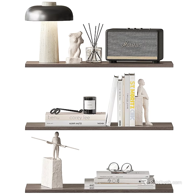 Modern Decorative Ornament Combination with Statues Books Candle and Radio on Wooden Shelves 3d model 
