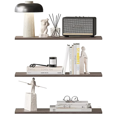 Modern Decorative Ornament Combination with Statues Books Candle and Radio on Wooden Shelves 3d model