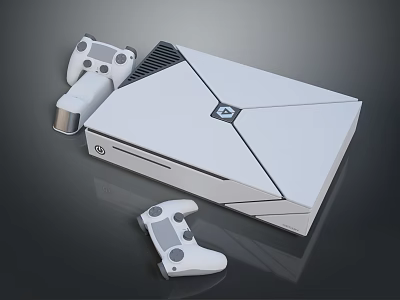 White Modern Game Console With Geometric Lines And Stylish Logo Accompanied By Two Controllers 3d model