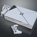 White Modern Game Console With Geometric Lines And Stylish Logo Accompanied By Two Controllers