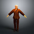Elderly Man Wearing Brown Plaid Robe And Brown Pants With Arms Outstretched Against Gray Background