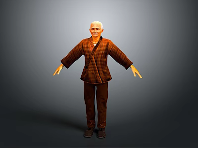Elderly Man Wearing Brown Plaid Robe And Brown Pants With Arms Outstretched Against Gray Background 3d model