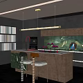 Dark Restaurant Kitchen With Red Faucet Black Countertop Green Backsplash And Pendant Lights