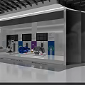 Modern Technology Exhibition Hall Featuring Blue Lighting Ceiling Central Display Column And Interactive Screens
