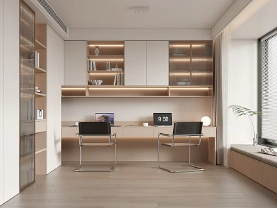 Modern Study Room Interior With Built In Bookshelves Desks Chairs And Lighting 3d model