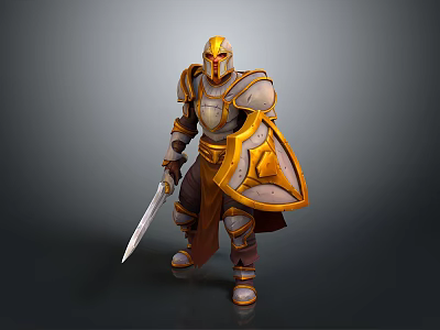 Man Wearing Gold and White Armor Holding Sword and Shield in Warrior Pose 3d model