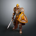Man Wearing Gold and White Armor Holding Sword and Shield in Warrior Pose