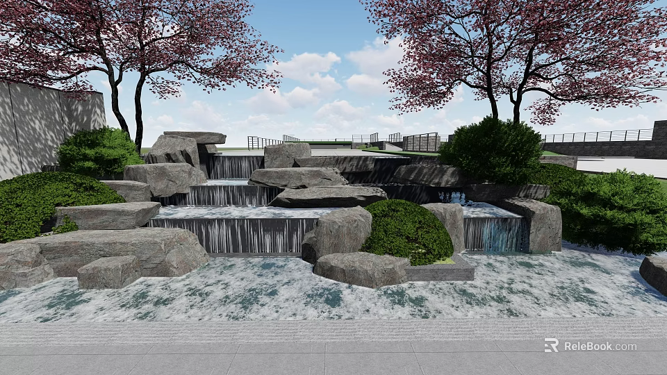 Natural Waterfront Landscape With Cherry Blossom Trees Waterfall Rock Formations Green Plants And Gray Pathway 3d model 
