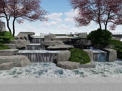 Natural Waterfront Landscape With Cherry Blossom Trees Waterfall Rock Formations Green Plants And Gray Pathway 3d model