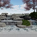 Natural Waterfront Landscape With Cherry Blossom Trees Waterfall Rock Formations Green Plants And Gray Pathway