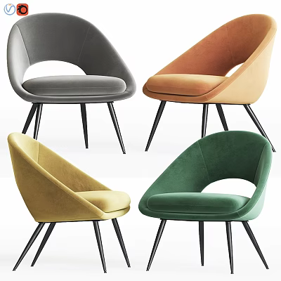 Modern Multicolor Velvet Accent Chairs with Curved Design and Black Metal Legs 3d model