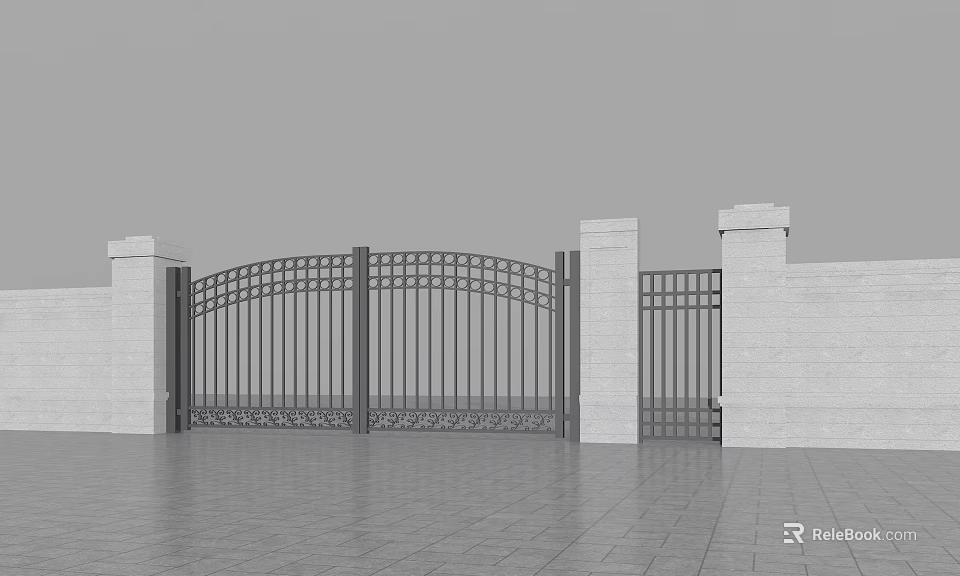 Decorative Arched Iron Gate Design With Stone Pillars And Brick Walls 3d model 
