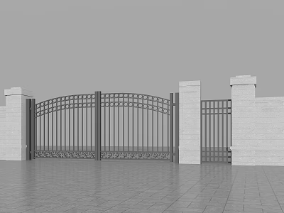 Decorative Arched Iron Gate Design With Stone Pillars And Brick Walls 3d model
