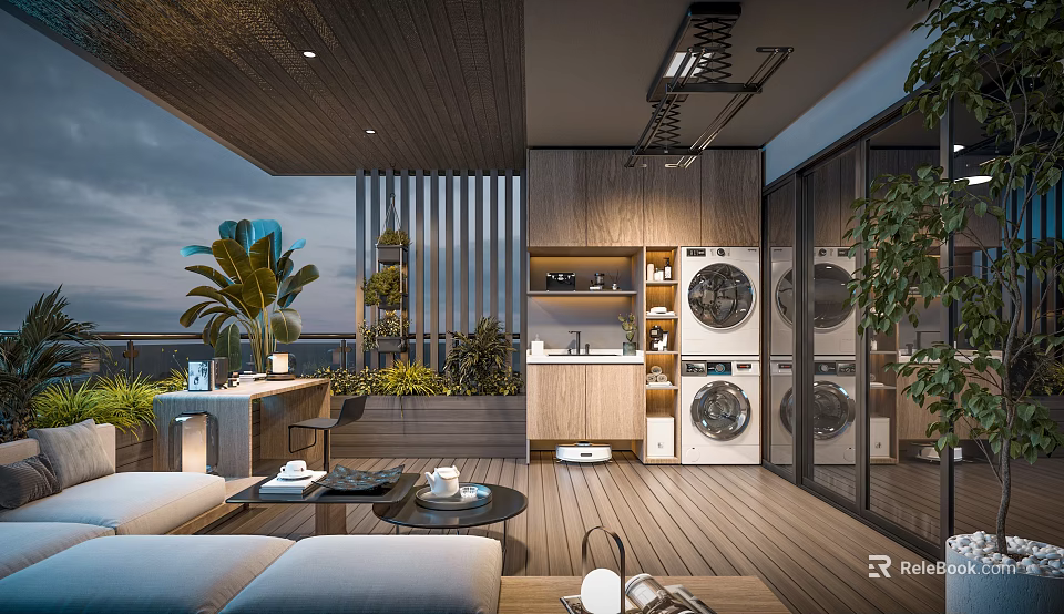 Modern Home Balcony Design With Wooden Flooring Sofa Coffee Table Green Plants And Laundry Area 3d model 