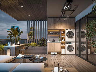 Modern Home Balcony Design With Wooden Flooring Sofa Coffee Table Green Plants And Laundry Area 3d model