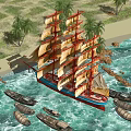 Sailboat With Red Blue Hull Brown Sails Near Sandy Beach Palm Trees And Distant Sailboats