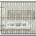 Modern Geometric Patterned Room Divider With Metal Frame And Green Tones Behind Sofa 3d model