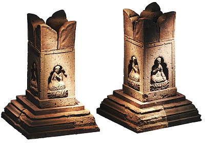 Two Ancient Stone Pillar Sculptures With Intricate Relief Figures And Carved Bases 3d model