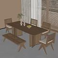 Minimalist Wooden Dining Table with Woven Backrest Chairs and Bench in Natural Tone Indoor Space
