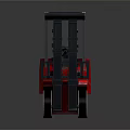 Red Industrial Forklift Truck With Black Cabin Lifting Forks And Wheels