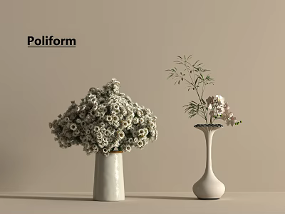 Poliform Two Decorative Vases With White Flowers And Bamboo Leaves Arrangement 3d model